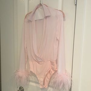 Pink bodysuit blouse with faux ostrich feather cuffs — Barbie party vibe